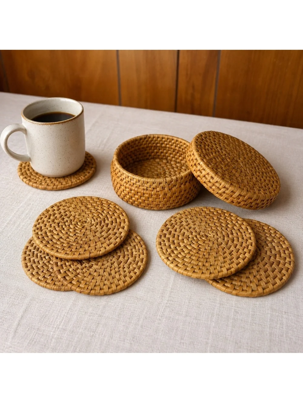 Vintage Woven Coaster Set of 6 With Holder Boho Rattan Wicker Drink Coasters